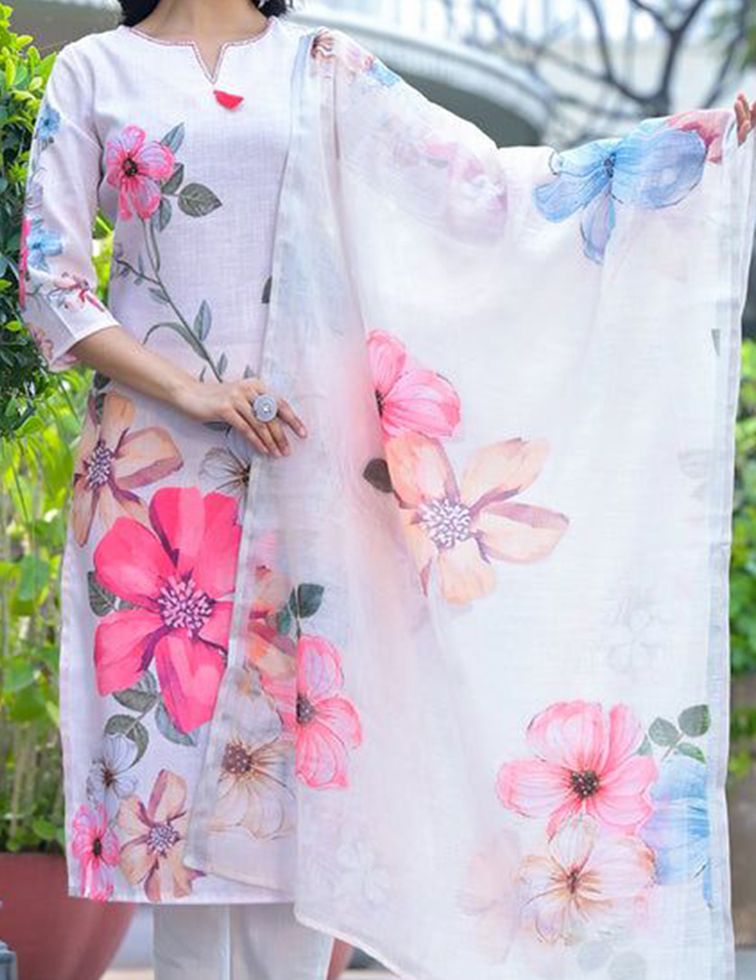 Elegant White Cotton Floral Suit Set with Pink & Blue Flowers – 3-Piece Ethnic Wear for Women