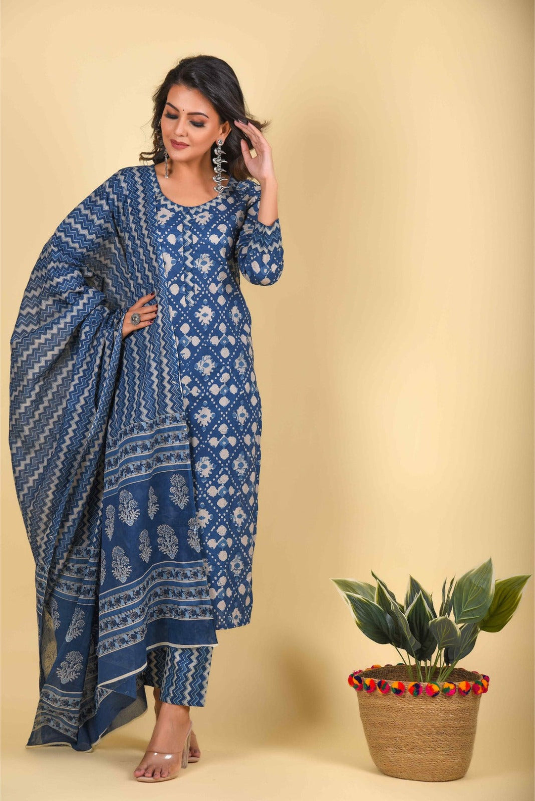 Elegant Indigo Printed Cotton Kurta Set with Dupatta | Ethnic Wear for Women