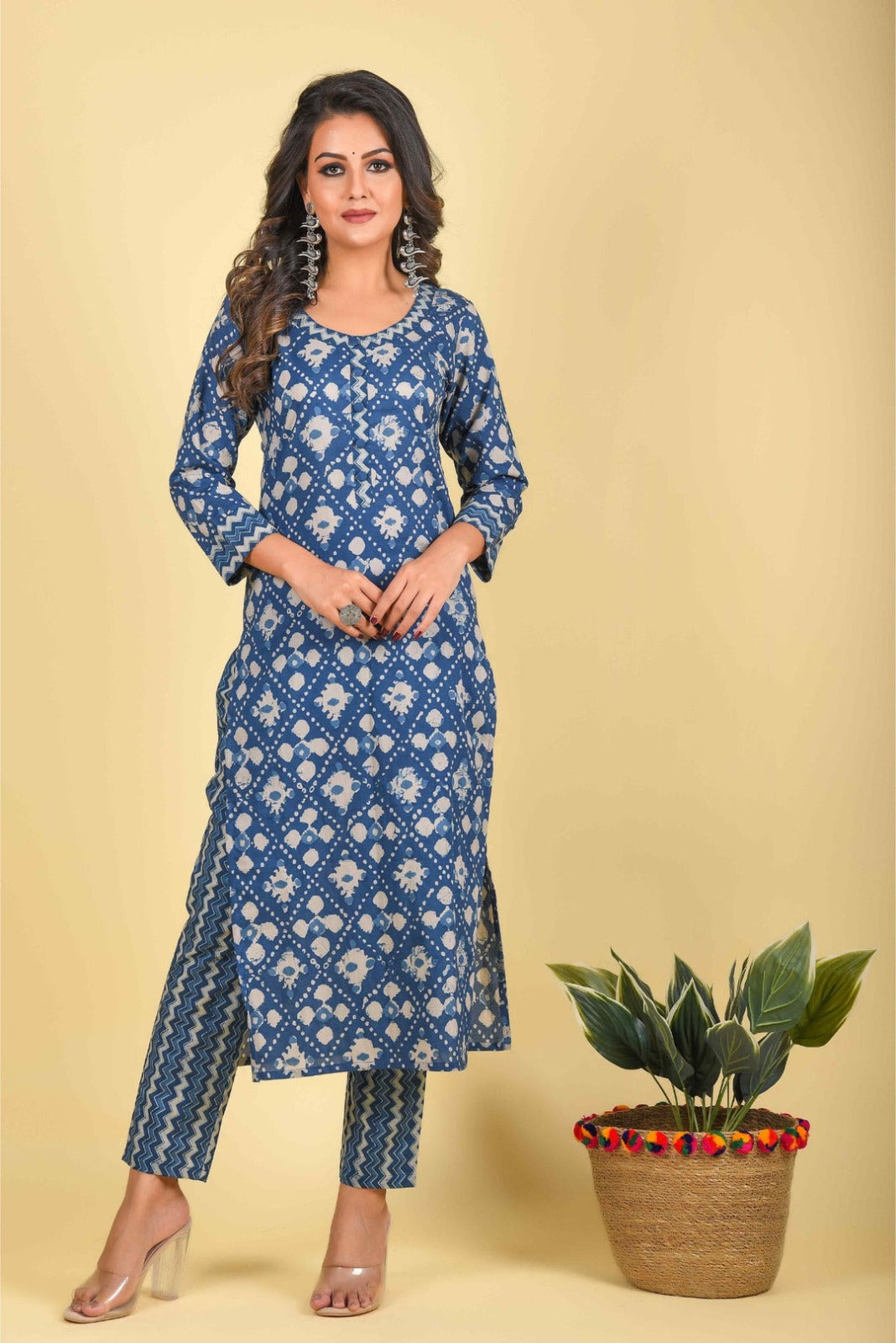 Elegant Indigo Printed Cotton Kurta Set with Dupatta | Ethnic Wear for Women