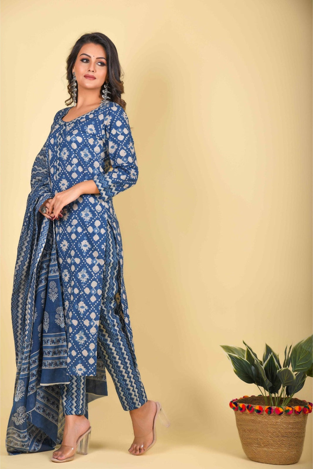 Elegant Indigo Printed Cotton Kurta Set with Dupatta | Ethnic Wear for Women