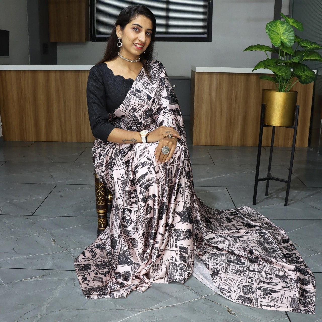 FlexFeb Pure Japan Satin Printed Saree with Plain Blouse – Soft, Glossy & Elegant Drape