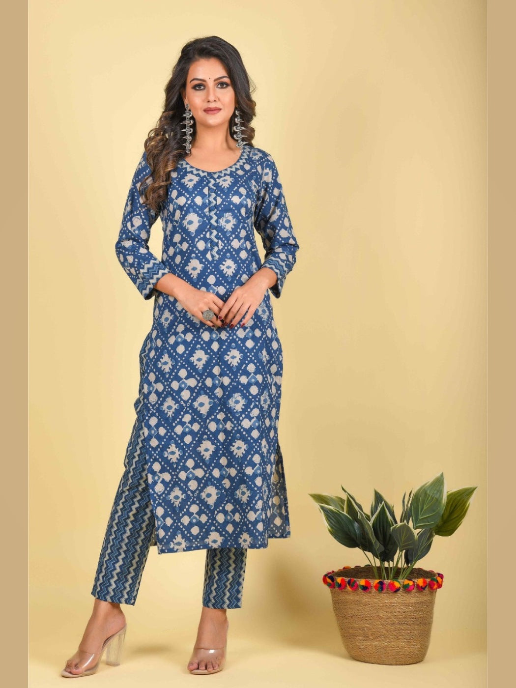 Elegant Indigo Printed Cotton Kurta Set with Dupatta | Ethnic Wear for Women