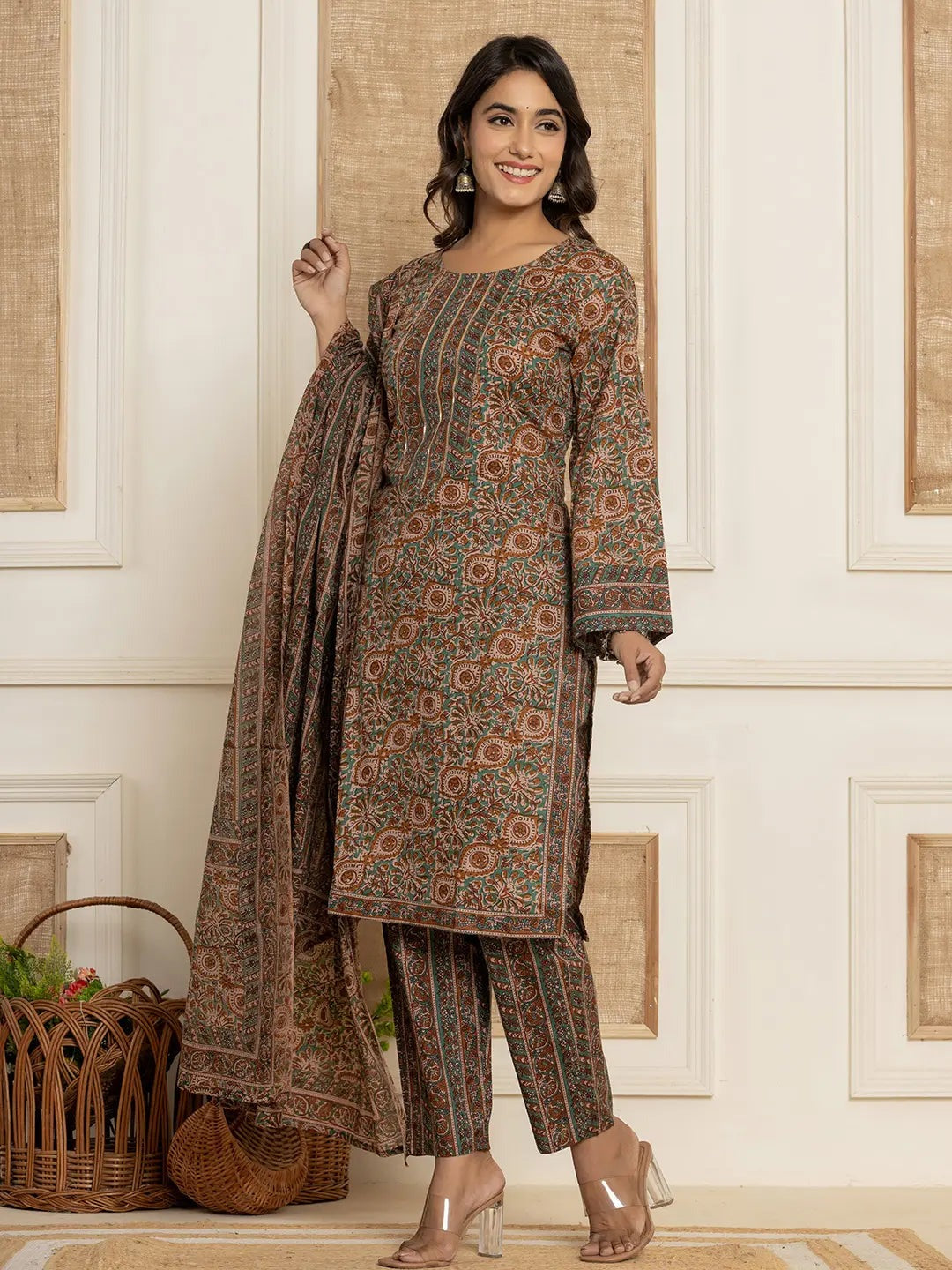 Rama Color Printed Cotton Straight Kurta Suit Set with Dupatta – Ethnic Wear for Women