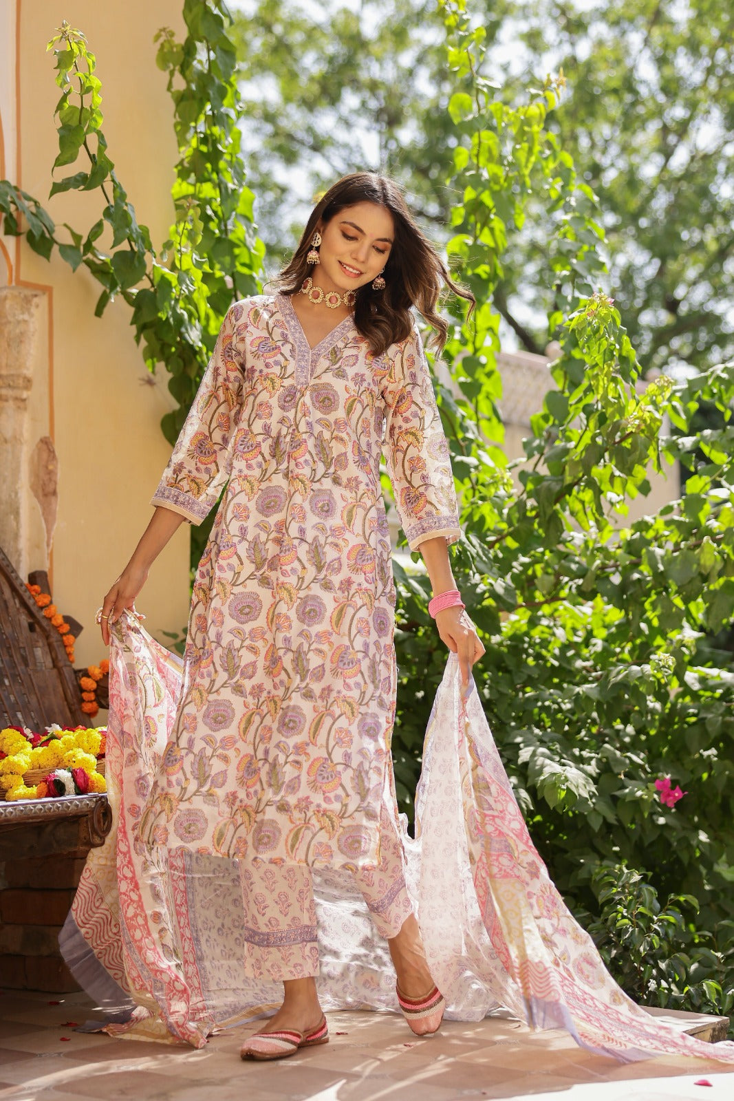 Elegant Floral Printed Cotton 3-Piece Suit Set for Women | Soft Pastel Kurta with Pant & Dupatta