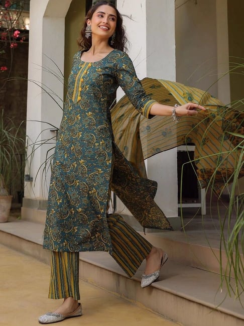 Chic Dark Green & Yellow Printed Cotton 3-Piece Suit Set | Kurta, Pant & Dupatta for Women
