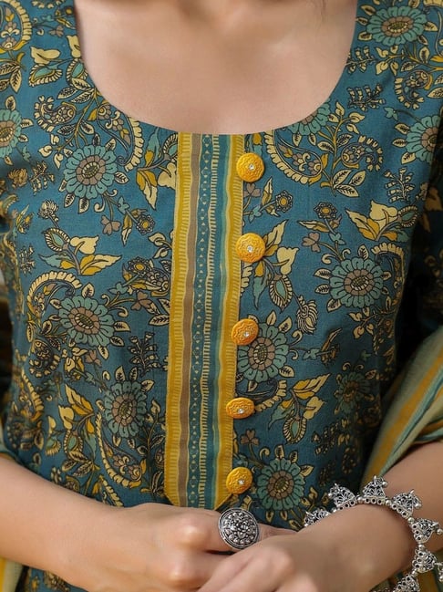 Chic Dark Green & Yellow Printed Cotton 3-Piece Suit Set | Kurta, Pant & Dupatta for Women