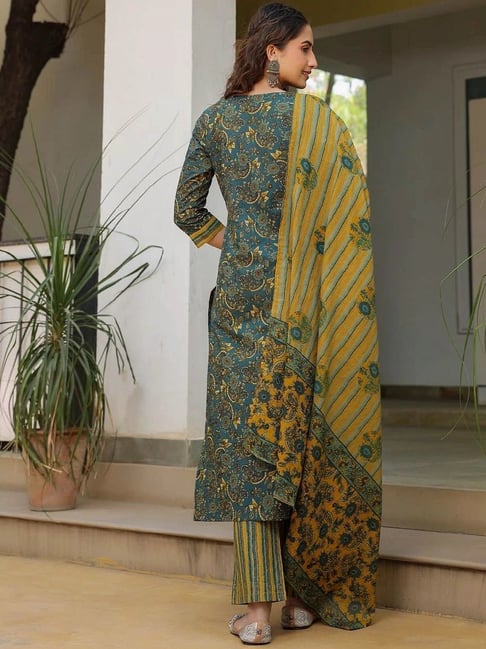 Chic Dark Green & Yellow Printed Cotton 3-Piece Suit Set | Kurta, Pant & Dupatta for Women