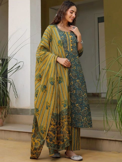 Chic Dark Green & Yellow Printed Cotton 3-Piece Suit Set | Kurta, Pant & Dupatta for Women