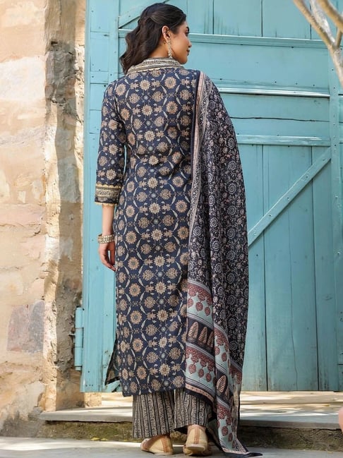 FlexFeb Navy Blue Ethnic Cotton Printed Suit Set | Elegant Traditional Kurta with Matching Pants & Dupatta | 3-Piece Set