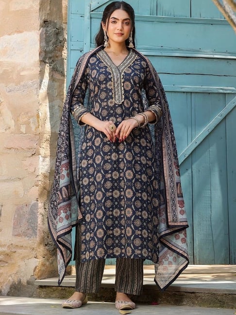 FlexFeb Navy Blue Ethnic Cotton Printed Suit Set | Elegant Traditional Kurta with Matching Pants & Dupatta | 3-Piece Set