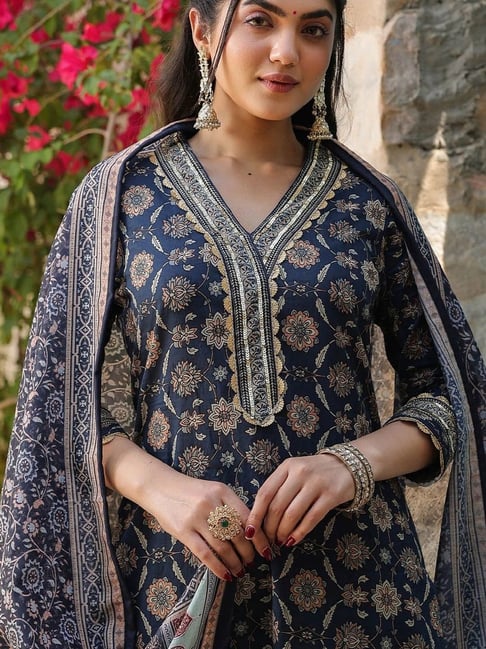 FlexFeb Navy Blue Ethnic Cotton Printed Suit Set | Elegant Traditional Kurta with Matching Pants & Dupatta | 3-Piece Set