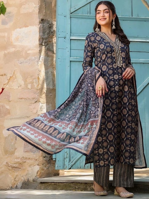 FlexFeb Navy Blue Ethnic Cotton Printed Suit Set | Elegant Traditional Kurta with Matching Pants & Dupatta | 3-Piece Set