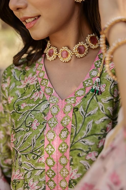 Elegant Green Cotton Hand block Printed Suit Set with Contrasting Dupatta – 3 Piece Ethnic Wear for Women