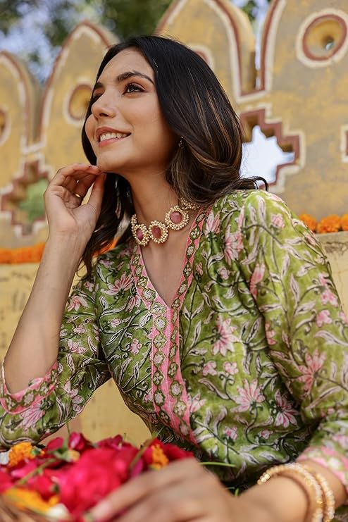 Elegant Green Cotton Hand block Printed Suit Set with Contrasting Dupatta – 3 Piece Ethnic Wear for Women