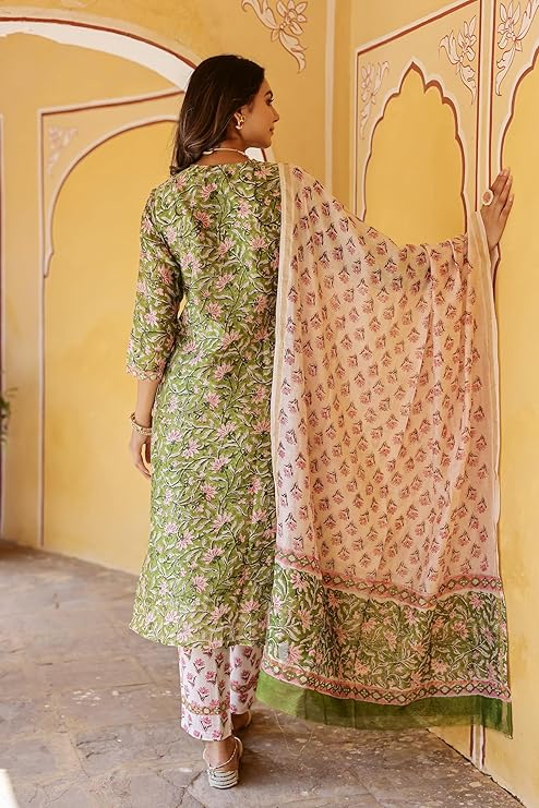 Elegant Green Cotton Hand block Printed Suit Set with Contrasting Dupatta – 3 Piece Ethnic Wear for Women