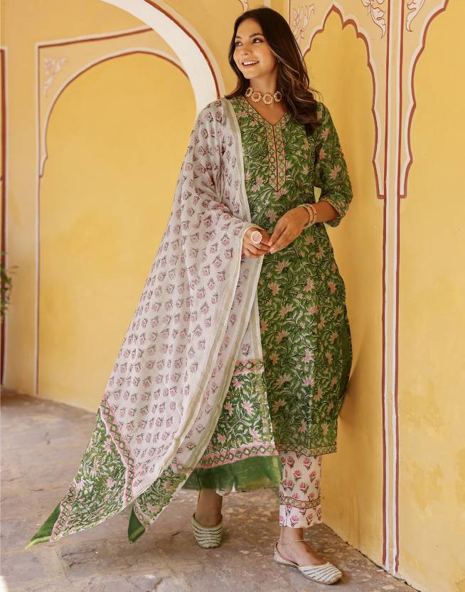 Elegant Green Cotton Hand block Printed Suit Set with Contrasting Dupatta – 3 Piece Ethnic Wear for Women