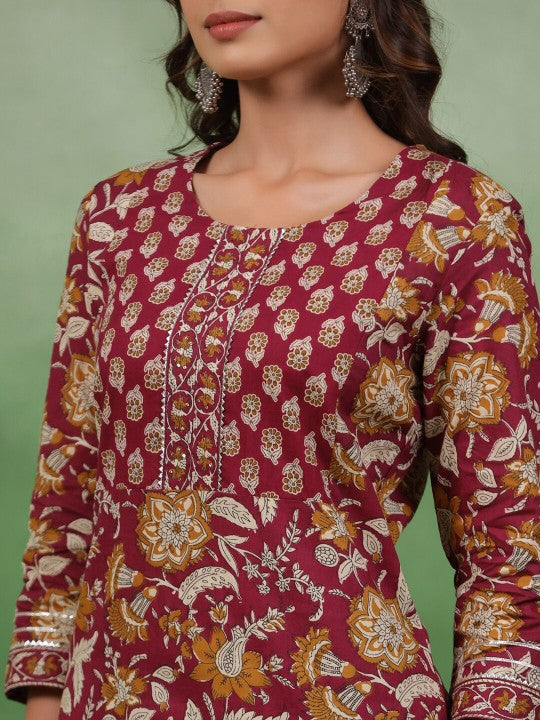 Maroon Floral Cotton Printed Suit Set with Dupatta – Elegant 3-Piece Ethnic Wear for Women