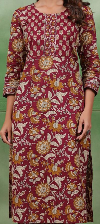 Maroon Floral Cotton Printed Suit Set with Dupatta – Elegant 3-Piece Ethnic Wear for Women