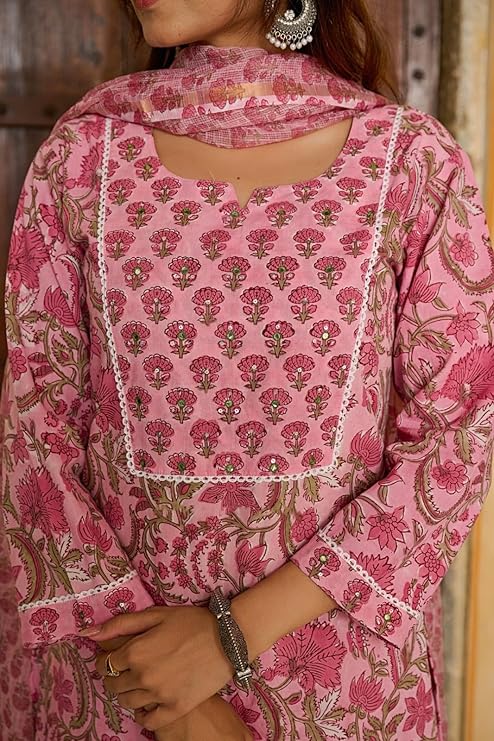 Light Pink Floral Cotton Suit Set with Dupatta – Elegant 3-Piece Ethnic Wear for Women