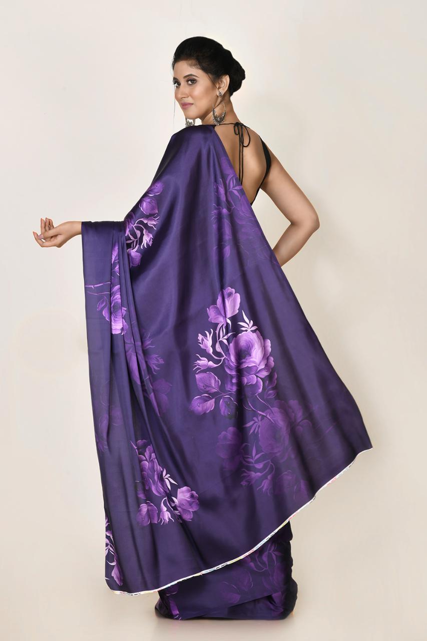 FlexFeb Elegant Heavy Satin Saree with Floral Print & Matching Plain Blouse