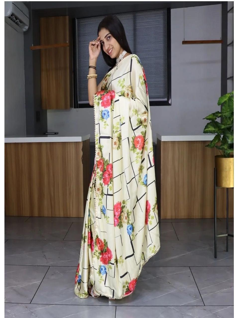 FlexFeb Cream Satin Floral Printed Saree with Geometric Design & Unstitched Blouse – Elegant Party & Festive Look