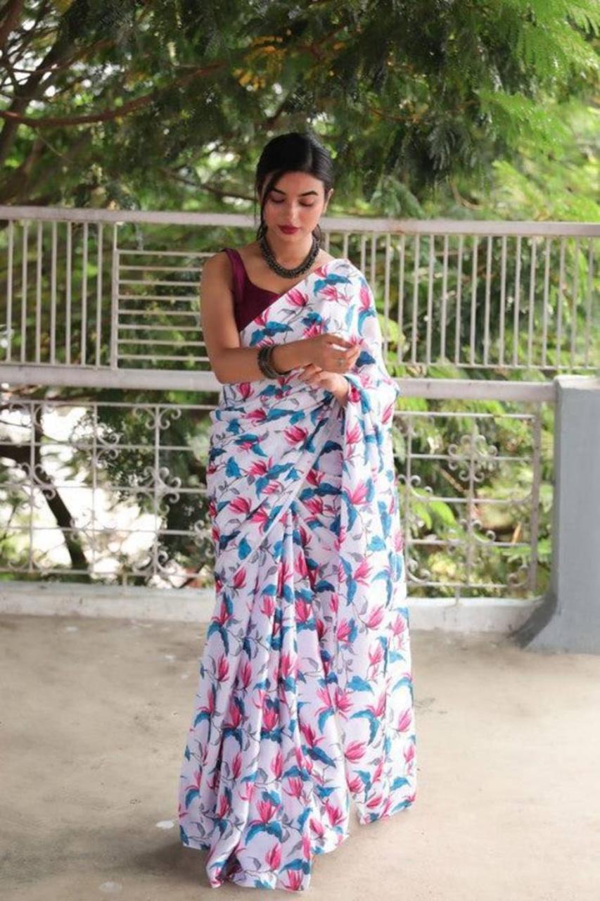 FlexFeb Elegant Floral Printed Heavy Satin Saree for Women with Unstitched Plain Blouse
