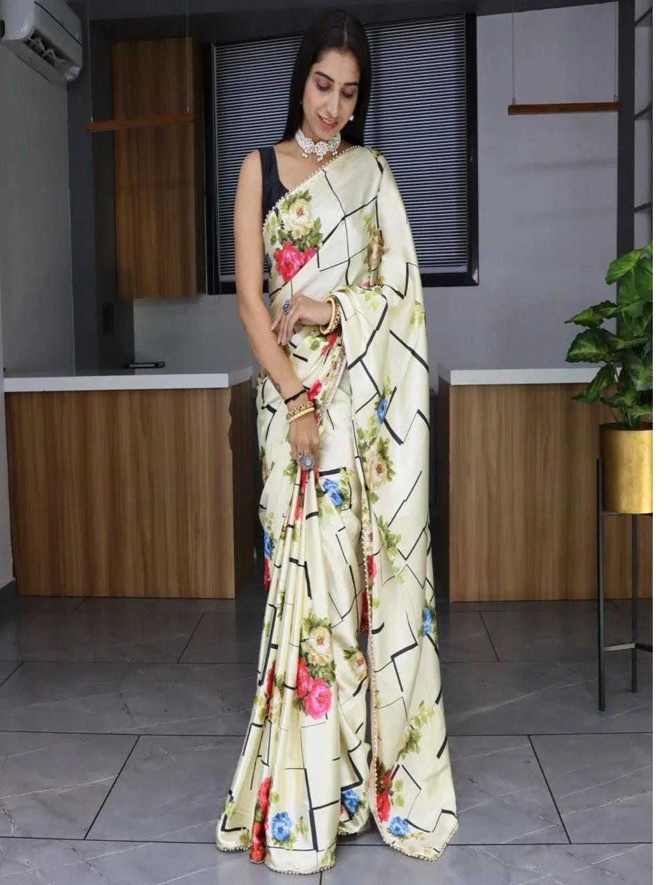 FlexFeb Cream Satin Floral Printed Saree with Geometric Design & Unstitched Blouse – Elegant Party & Festive Look