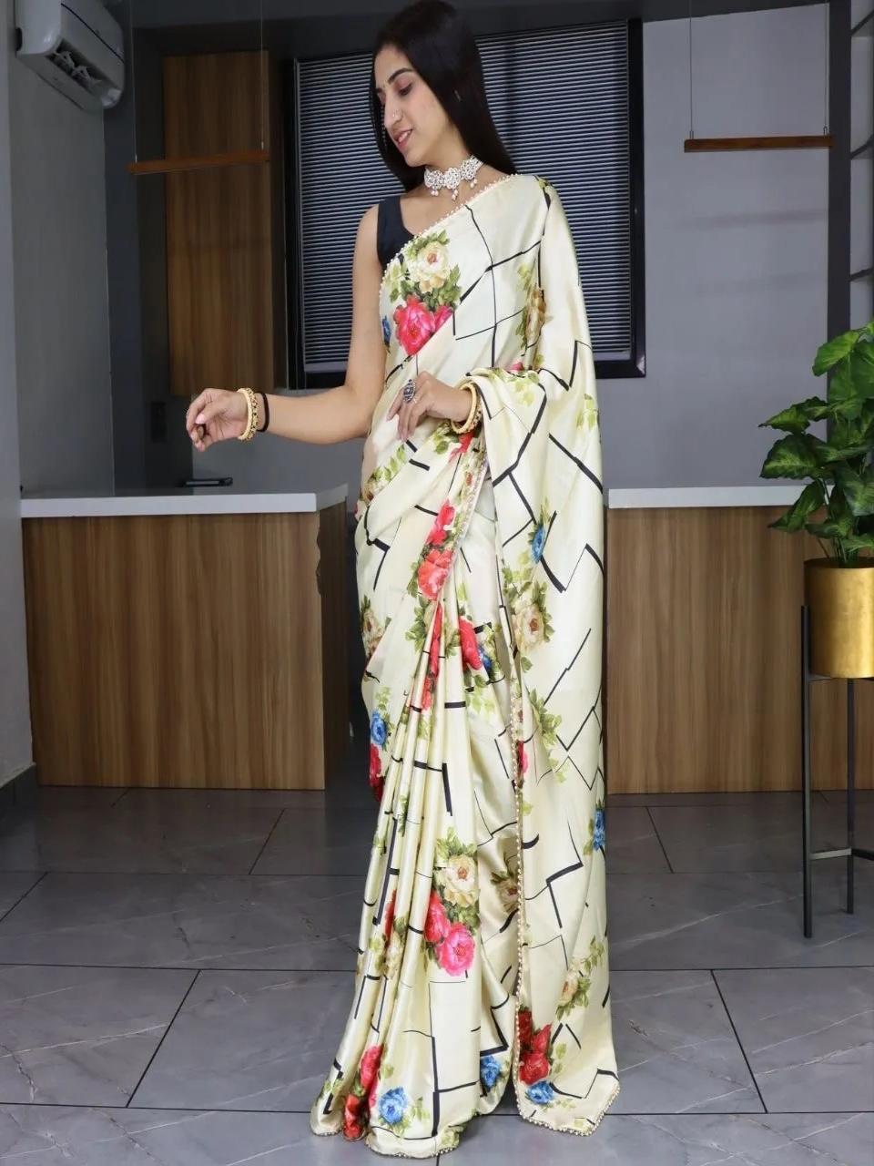 FlexFeb Cream Satin Floral Printed Saree with Geometric Design & Unstitched Blouse – Elegant Party & Festive Look