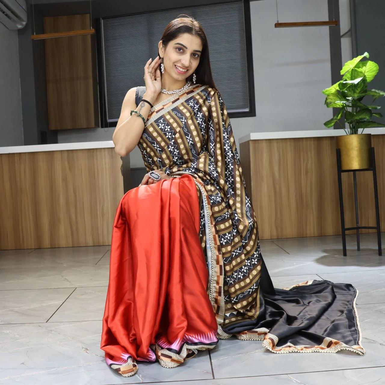 FlexFeb Pure Japan Satin Saree with Elegant Pearl Lace Border – Soft & Glossy Party Wear Drape with Unstitched Blouse