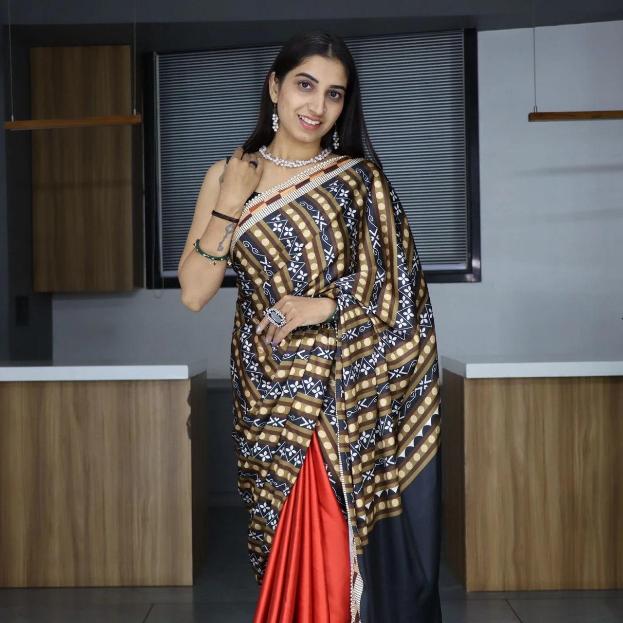 FlexFeb Pure Japan Satin Saree with Elegant Pearl Lace Border – Soft & Glossy Party Wear Drape with Unstitched Blouse