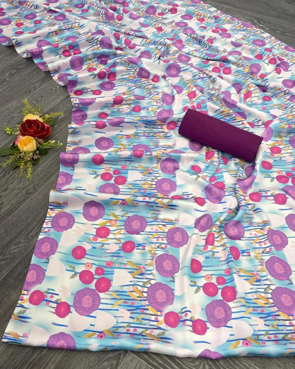 FlexFeb Trendy Polka Dot Printed Satin Saree for Women with Matching Blouse – Soft & Lightweight Fabric
