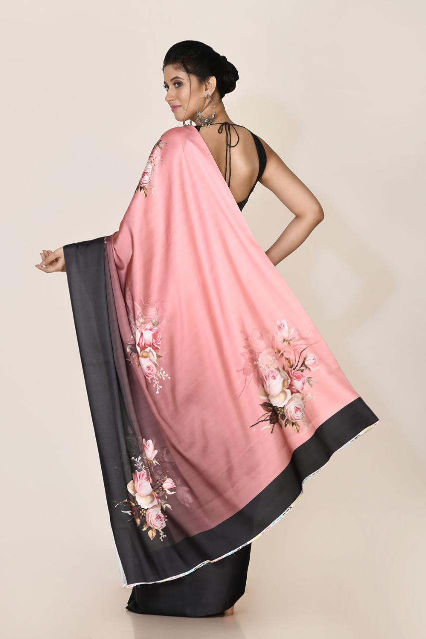 FlexFeb Floral Satin Saree with Ombre Black Pallu | Soft Draping Saree with Unstitched Blouse for Festive & Party Wear
