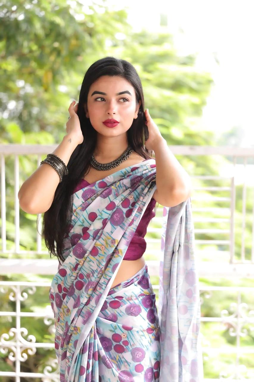 FlexFeb Trendy Polka Dot Printed Satin Saree for Women with Matching Blouse – Soft & Lightweight Fabric