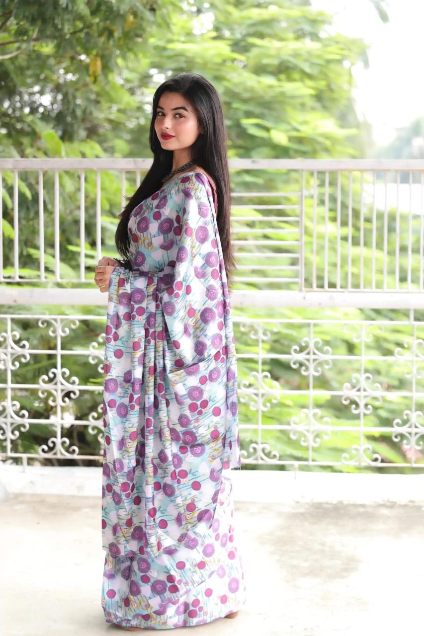 FlexFeb Trendy Polka Dot Printed Satin Saree for Women with Matching Blouse – Soft & Lightweight Fabric