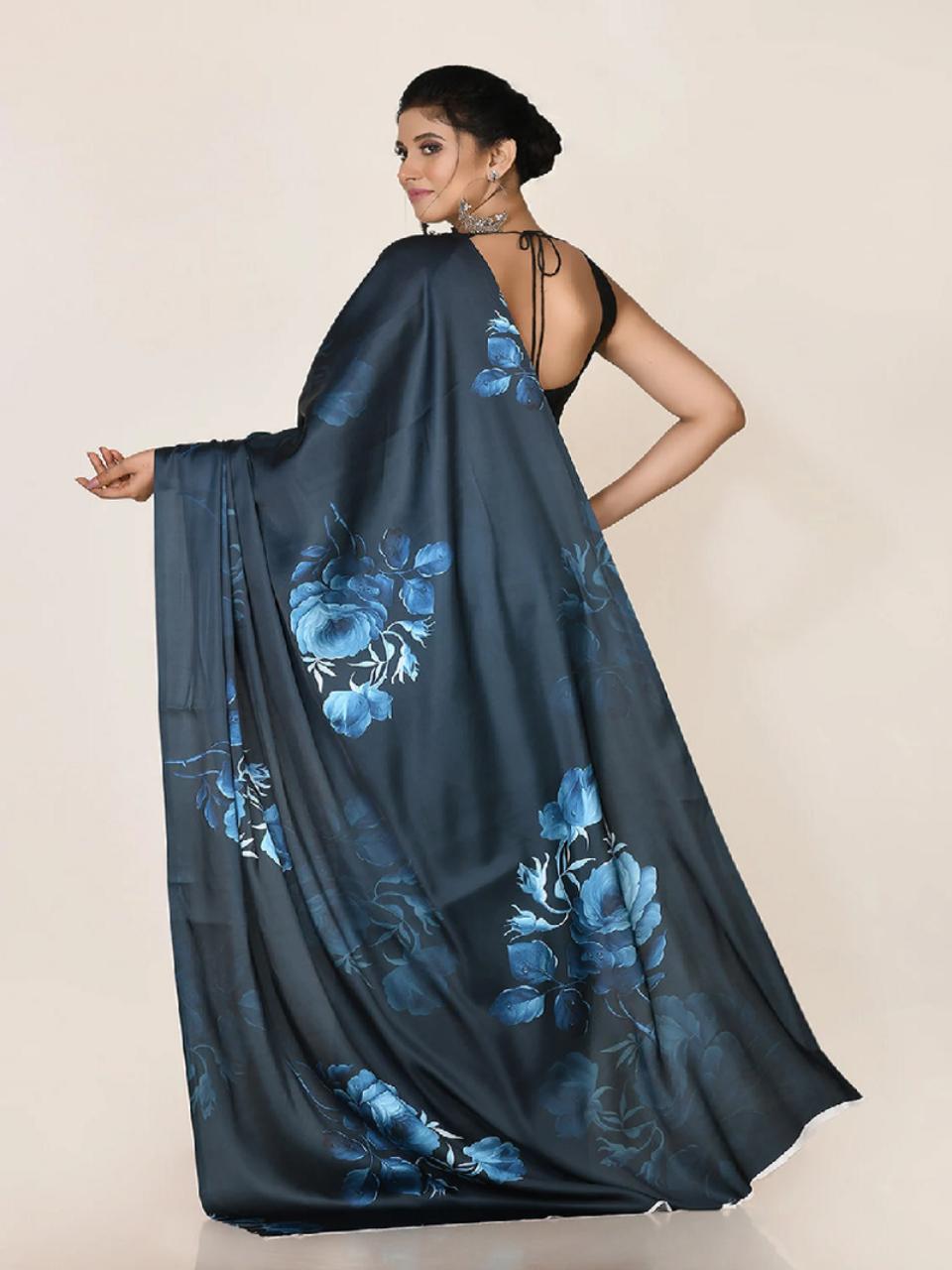FlexFeb Floral Satin Saree with Ombre Effect | Soft Draping Fabric with Unstitched Blouse | Elegant Party & Festive Wear