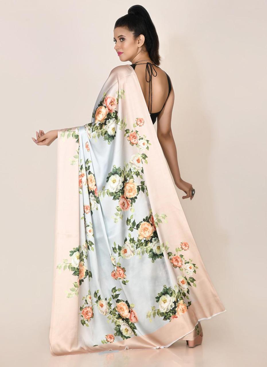 FlexFeb Floral Satin Saree with Soft Pink Border | Lightweight Draping Saree with Unstitched Blouse for Day Events & Festive Wear