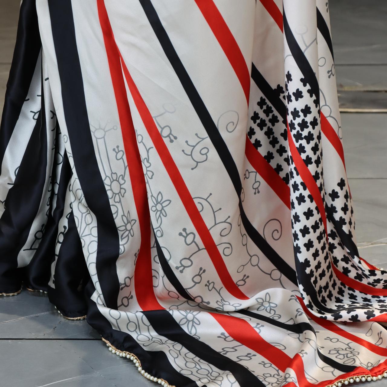 FlexFeb Modern Striped Japan Satin Saree in White, Red & Black with Pearl Lace Border – Stylish Party Drape with Unstitched Blouse