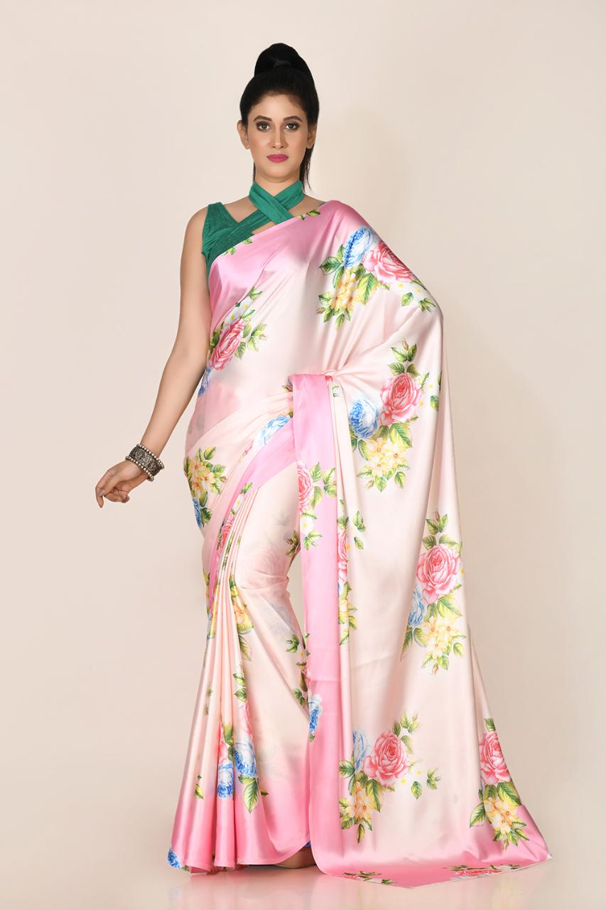FlexFeb Floral Satin Saree with Multicolor Rose Print | Lightweight Draping Saree with Unstitched Blouse for Day & Festive Wear