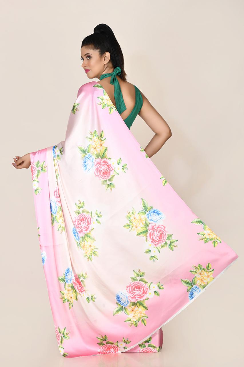 FlexFeb Floral Satin Saree with Multicolor Rose Print | Lightweight Draping Saree with Unstitched Blouse for Day & Festive Wear