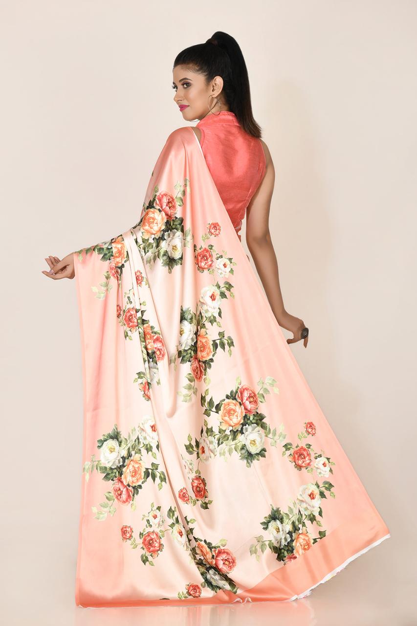 FlexFeb Bloom Satin Saree with Garden Rose Print | Lightweight Draped Saree for Elegant Daytime Looks & Casual Celebrations