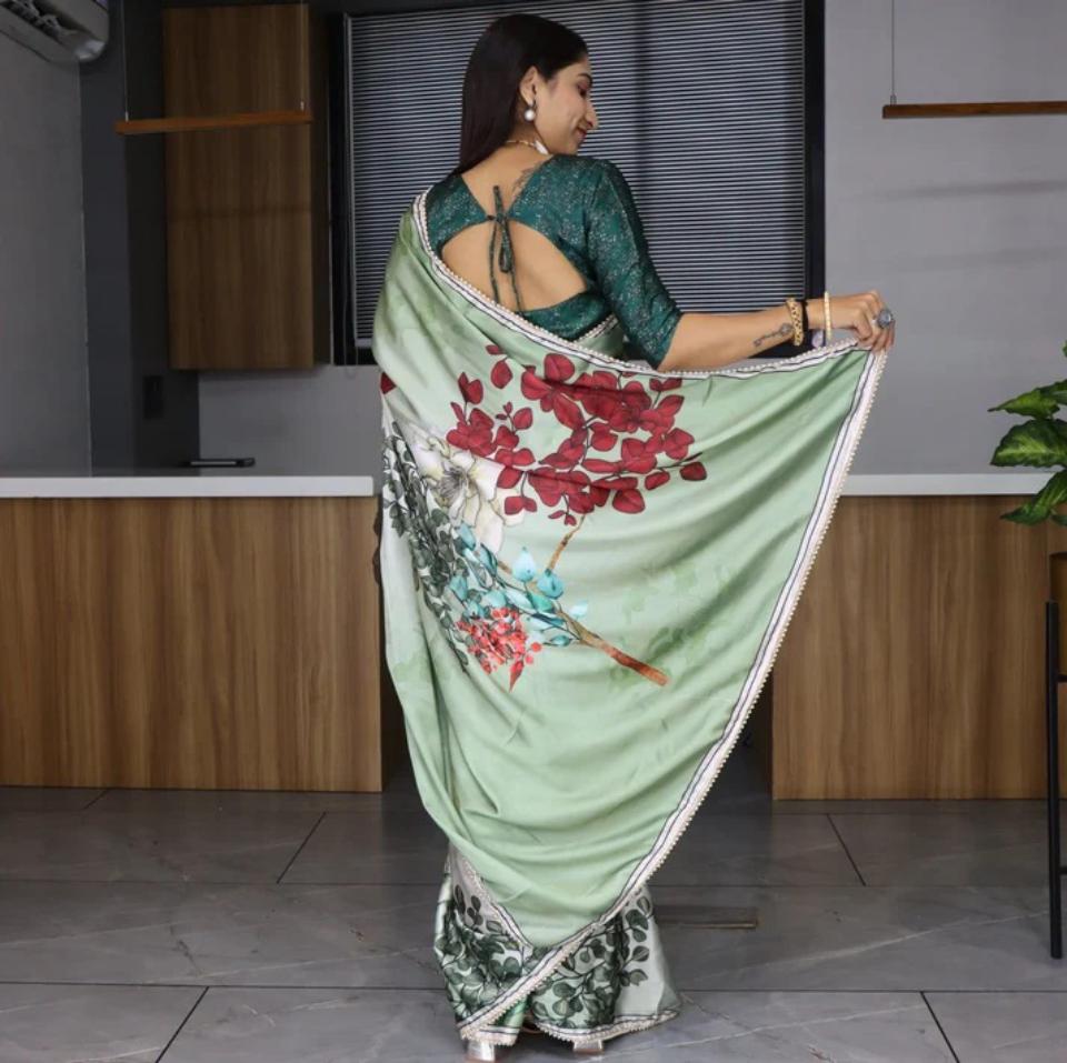 FlexFeb Elegant Green Japan Satin Saree with Pearl Lace and Botanical Floral Print – Unstitched Blouse Included