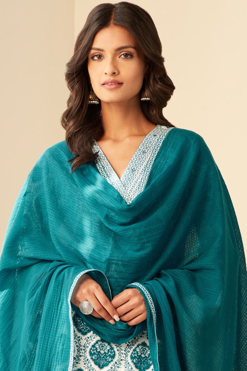 Elegant Sky Blue & White Cotton Suit Set – 3-Piece Traditional Indian Wear for Women