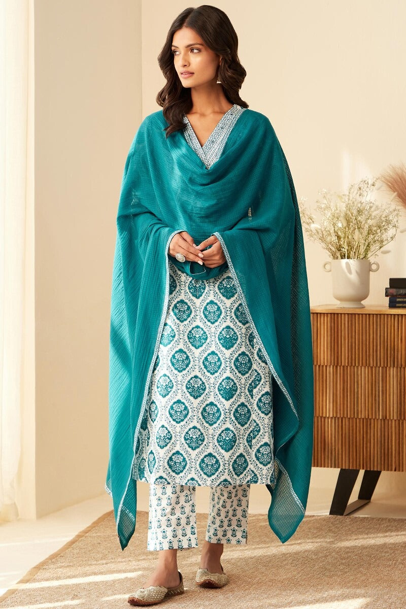 Elegant Sky Blue & White Cotton Suit Set – 3-Piece Traditional Indian Wear for Women