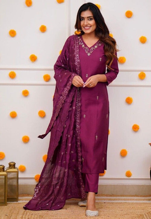 Elegance Viscose Dark Pink Embroidered 3-Piece Suit Set for Women – Elegant Festive & Occasion Wear