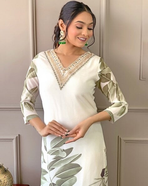 Muslin Dark Cream White 3-Piece Suit Set Elegant Printed Kurta, Pant & Dupatta for Women