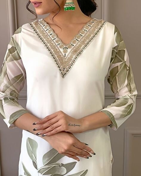 Muslin Dark Cream White 3-Piece Suit Set Elegant Printed Kurta, Pant & Dupatta for Women