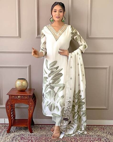 Muslin Dark Cream White 3-Piece Suit Set Elegant Printed Kurta, Pant & Dupatta for Women