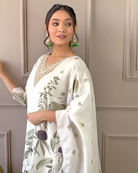 Muslin Dark Cream White 3-Piece Suit Set Elegant Printed Kurta, Pant & Dupatta for Women