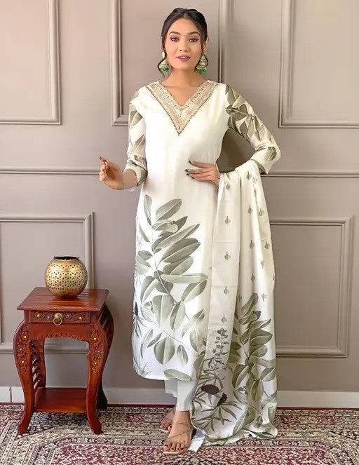 Muslin Dark Cream White 3-Piece Suit Set Elegant Printed Kurta, Pant & Dupatta for Women
