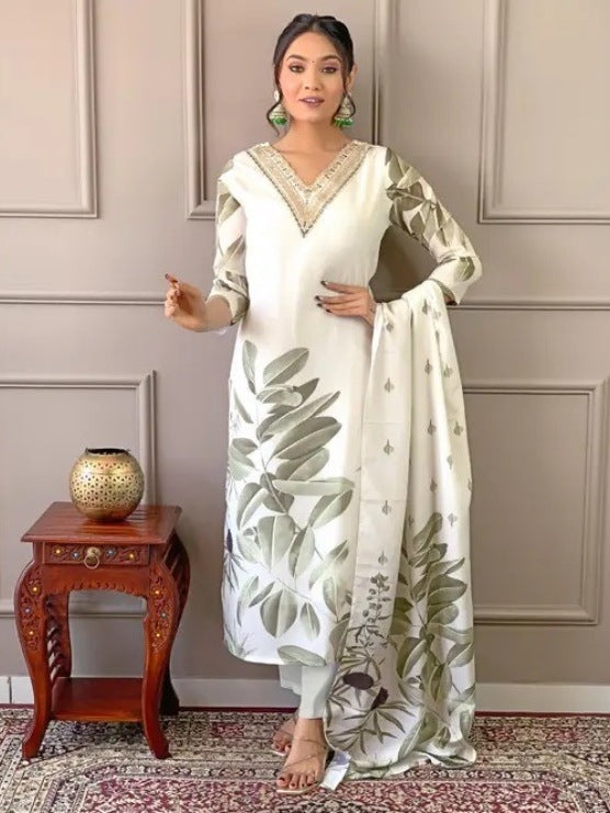 Muslin Dark Cream White 3-Piece Suit Set Elegant Printed Kurta, Pant & Dupatta for Women